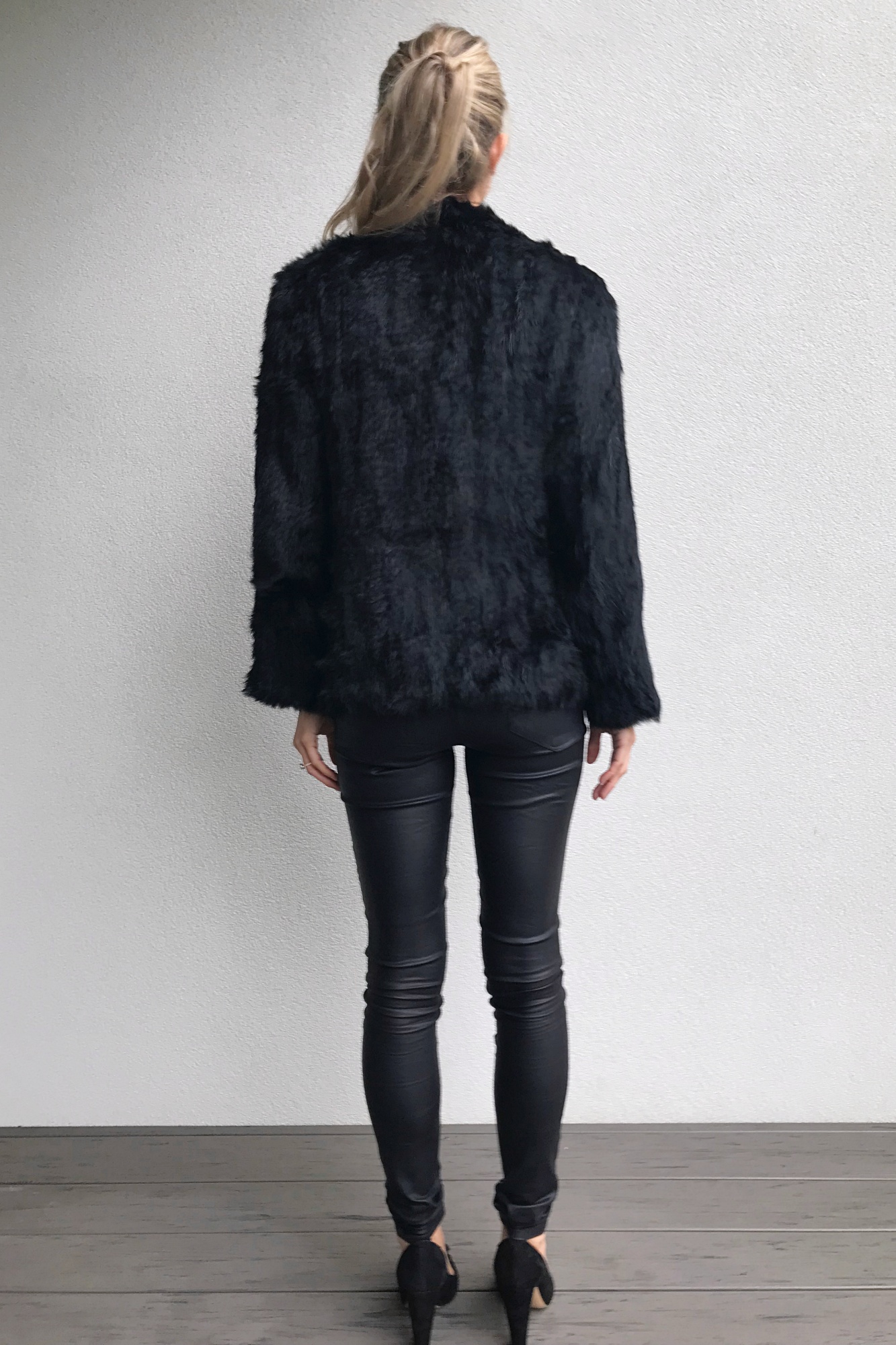 Long Sleeve Woven Waterfall Fur Jacket Black – Haute on High