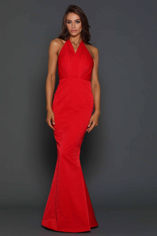 Halter Plunge Neck Backless Gown Red